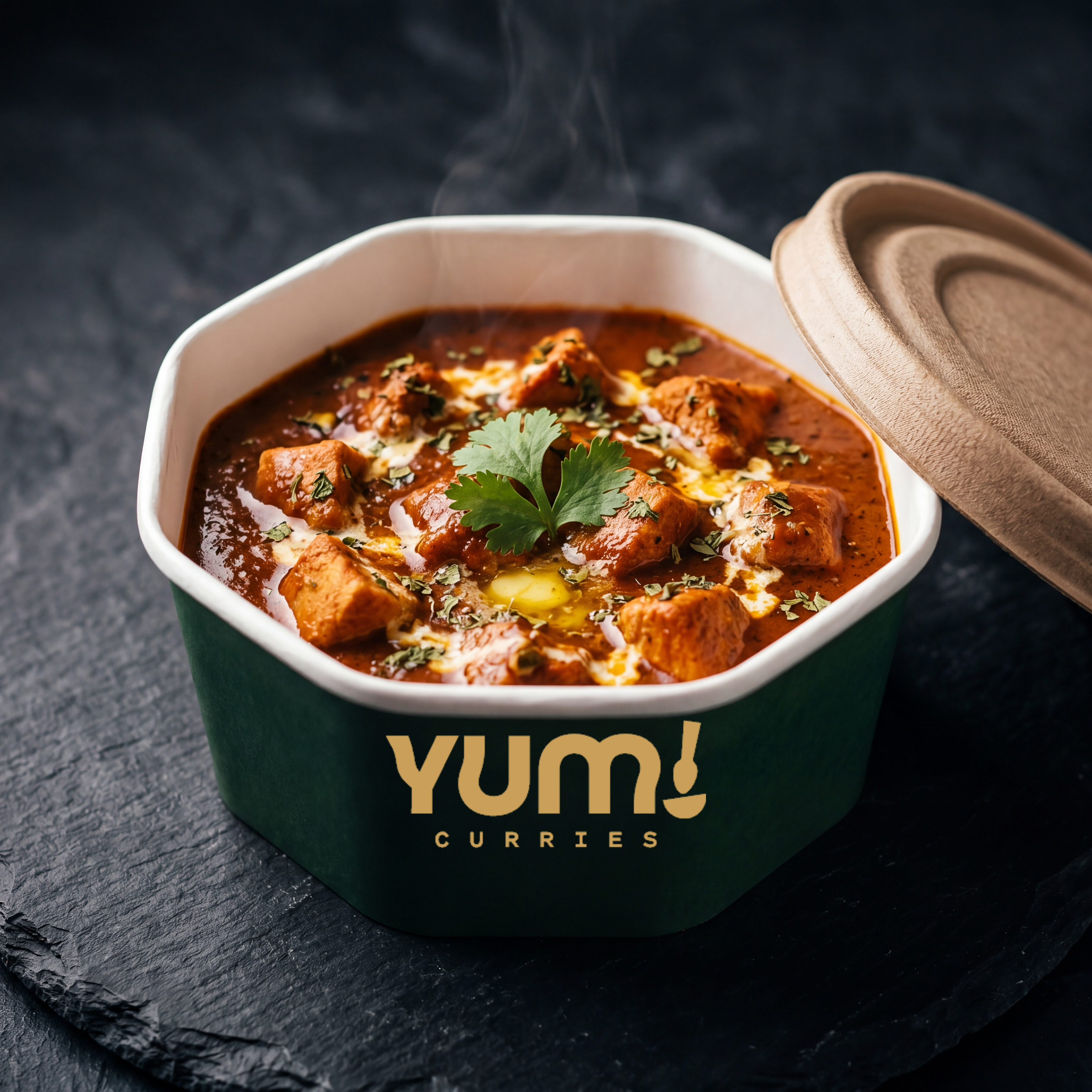Yum Makhani — boneless butter chicken in a forest-green ceramic bowl, glossy tomato-cream gravy, fresh coriander garnish