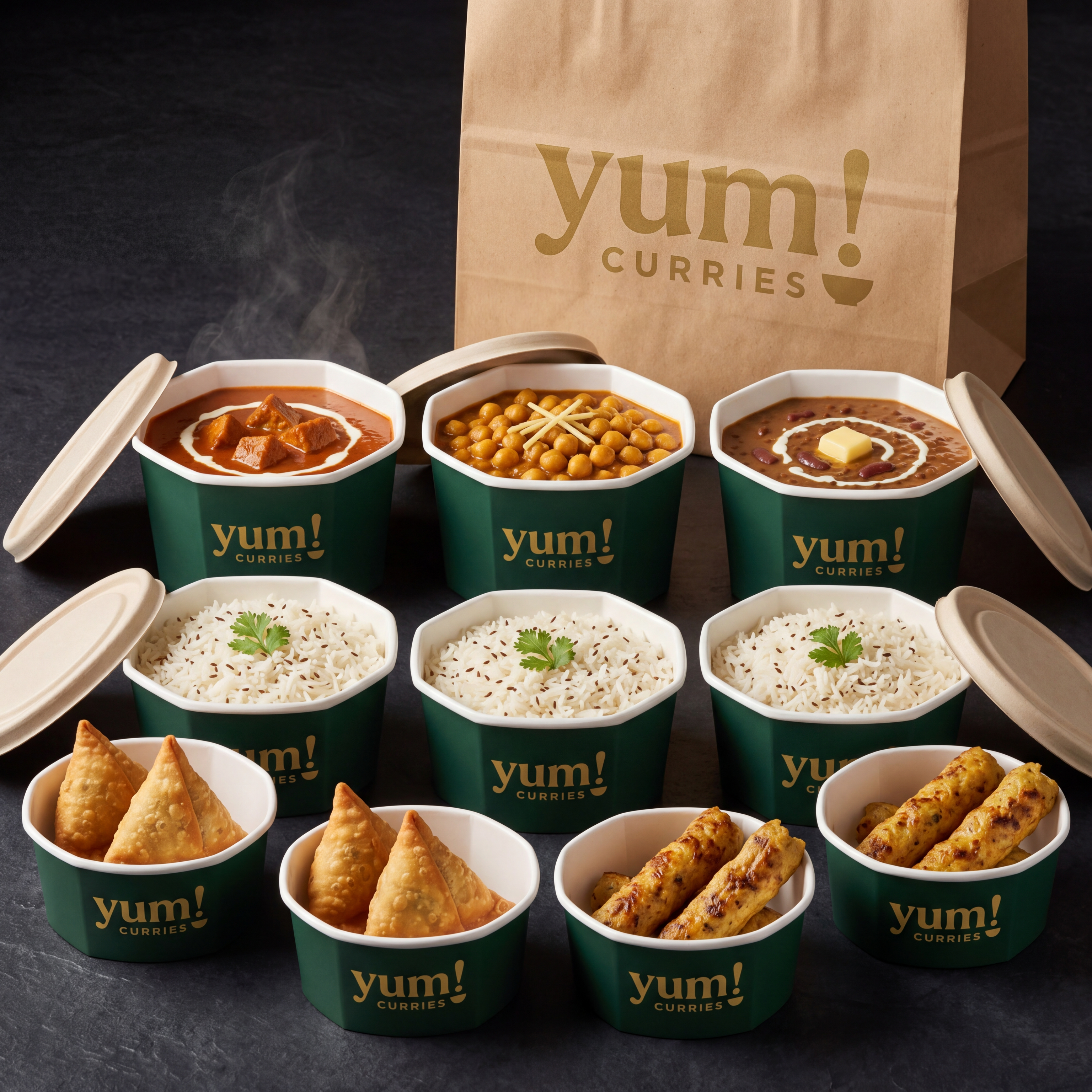 Yum! Curries Family Feast Box — three-tier compostable kraft tiffin tower with three curries, three rice, samosas and seekh kebabs